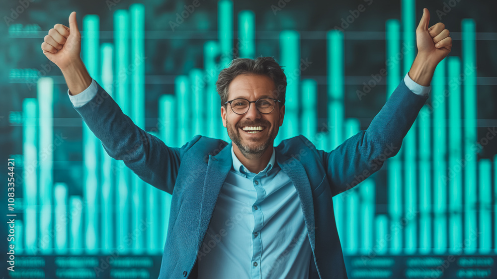 Poster a man is standing in front of a chart with a thumbs up gesture. he is smiling and he is happy