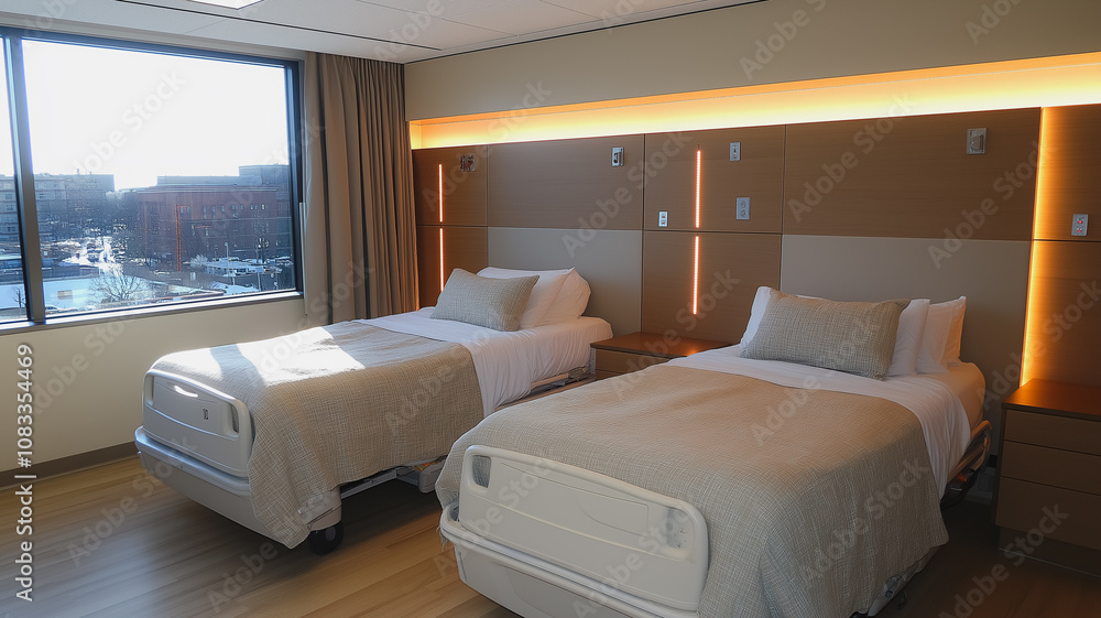 Poster two beds in a room with a window and a bedside table. the beds are neatly made and the room is clean