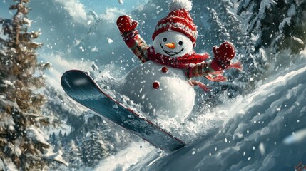 Naklejka premium Snowboard Snowman: A Joyful Descent in a Blizzard