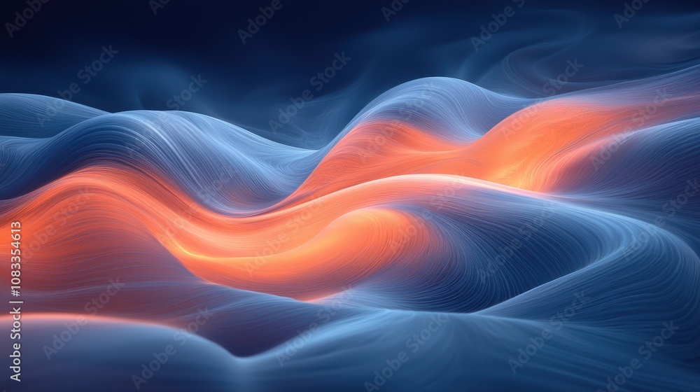Poster abstract waves of blue and orange light flow gracefully through a dark background, creating a mesmer