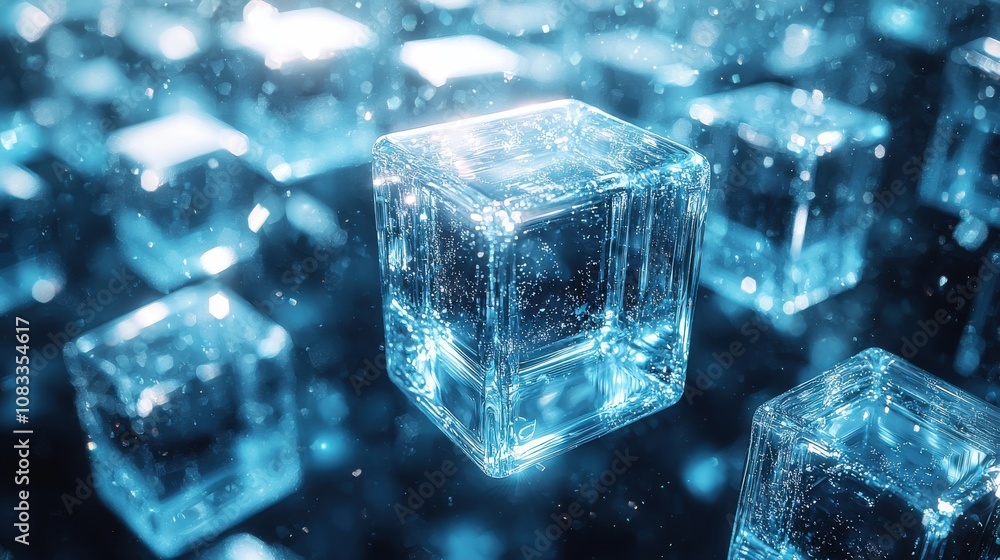 Poster clear ice cubes floating in water with shimmering reflections and bubbles in a dynamic underwater se
