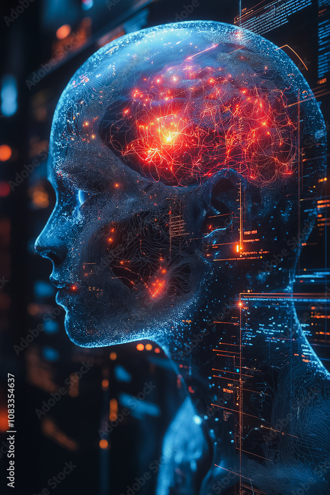 Poster a woman's head is shown in a computer screen with a red glowing brain. concept of technology and art