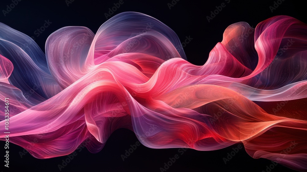 Poster Colorful ethereal waves of fabric flowing gracefully in soft hues against a dark background, creating a mesmerizing visual display