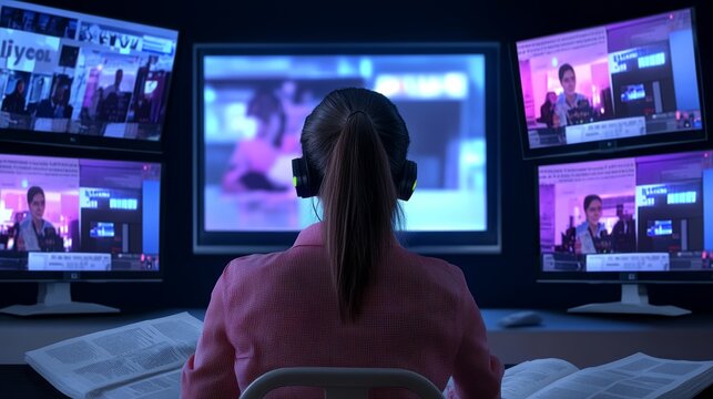 Fake news concept Fake news live video stream political internet social network concept Fabricated false disinformation technology on TV and newspaper Woman watch on virtual screen