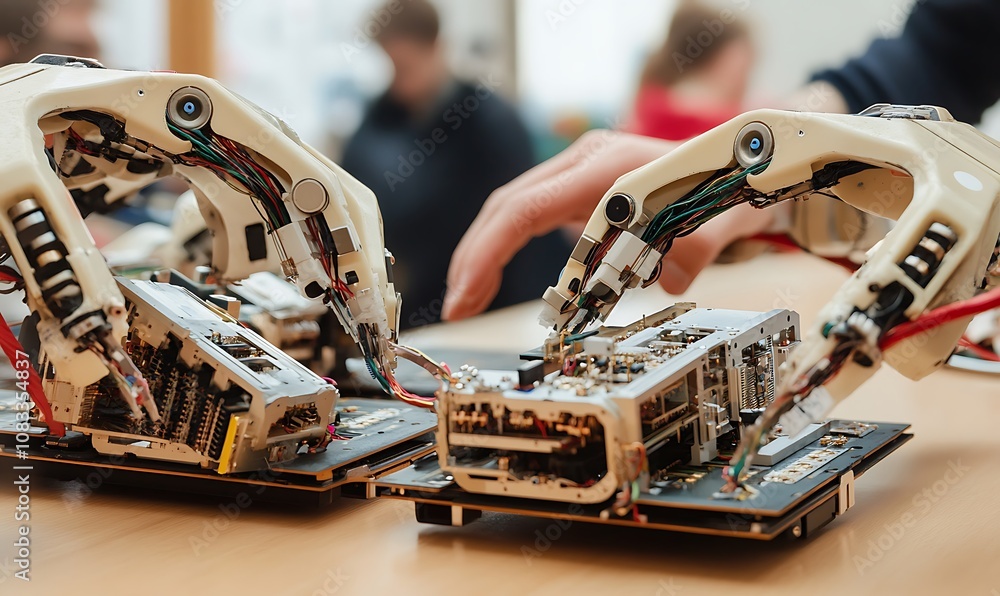 Poster robotic hands assembling electronic components on circuit boards in a collaborative workspace.