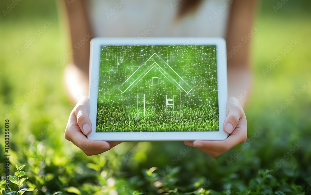 Poster A person gripping a tablet with an artificial screen showing a smart energy controller for efficient home management and automation