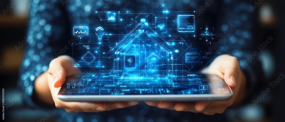 Leinwandbilder a person holding a digital tablet with an artificial screen displaying a comprehensive online home a