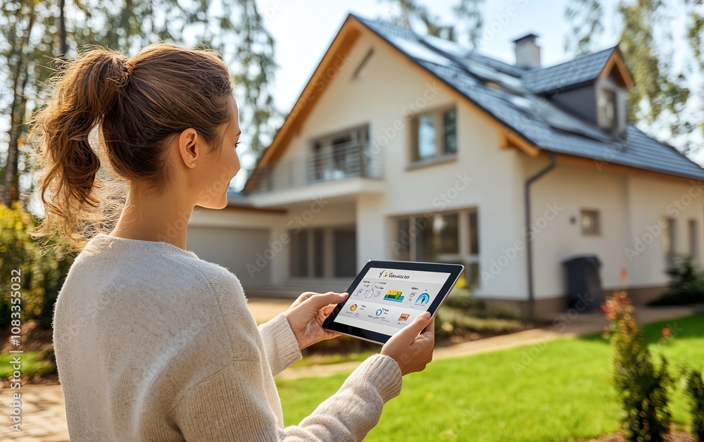 Poster A person gripping a tablet with an artificial screen showing a smart energy controller for efficient home management and automation