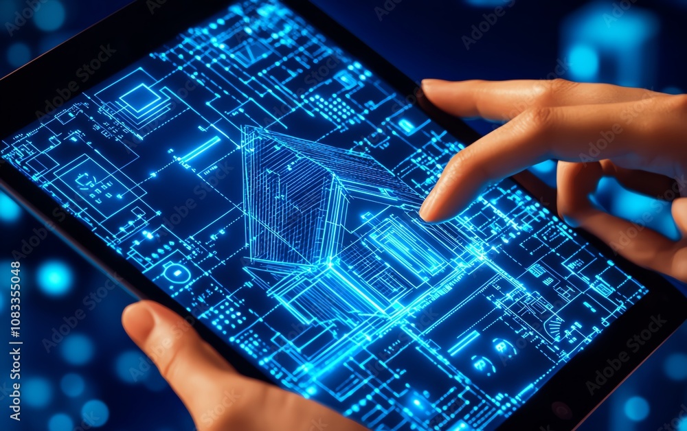 Poster A person gripping a tablet with an artificial screen showing a smart energy controller for efficient home management and automation