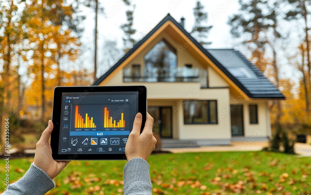 Poster A person gripping a tablet with an artificial screen showing a smart energy controller for efficient home management and automation