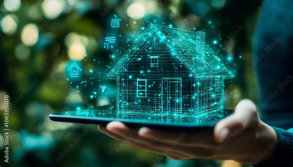 Poster a person holding a digital tablet with a futuristic home automation system on screen, showing smart 