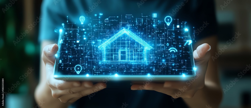 Poster A person holding a digital tablet with an artificial screen displaying a comprehensive online home automation system for smart energy control