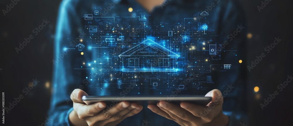 Poster A person holding a digital tablet with an artificial screen displaying a comprehensive online home automation system for smart energy control