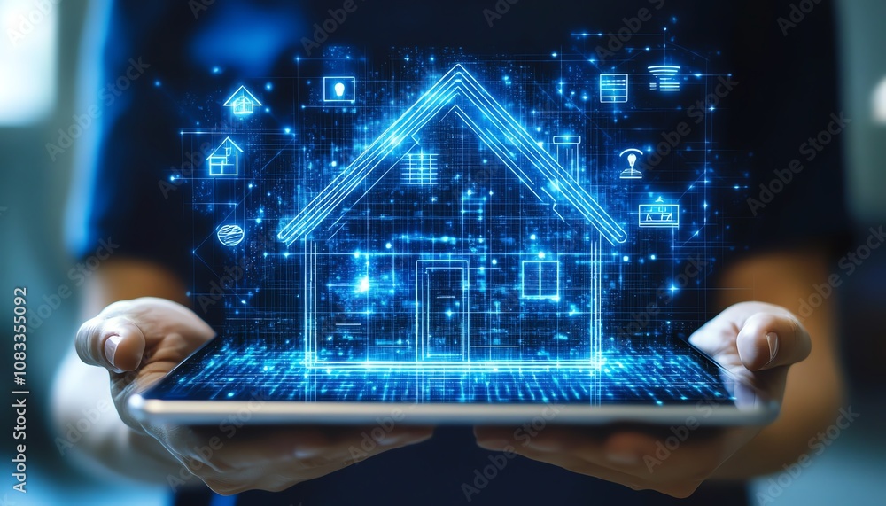 Leinwandbilder A person holding a digital tablet with a futuristic home automation system on screen, showing smart energy control and remote home management features