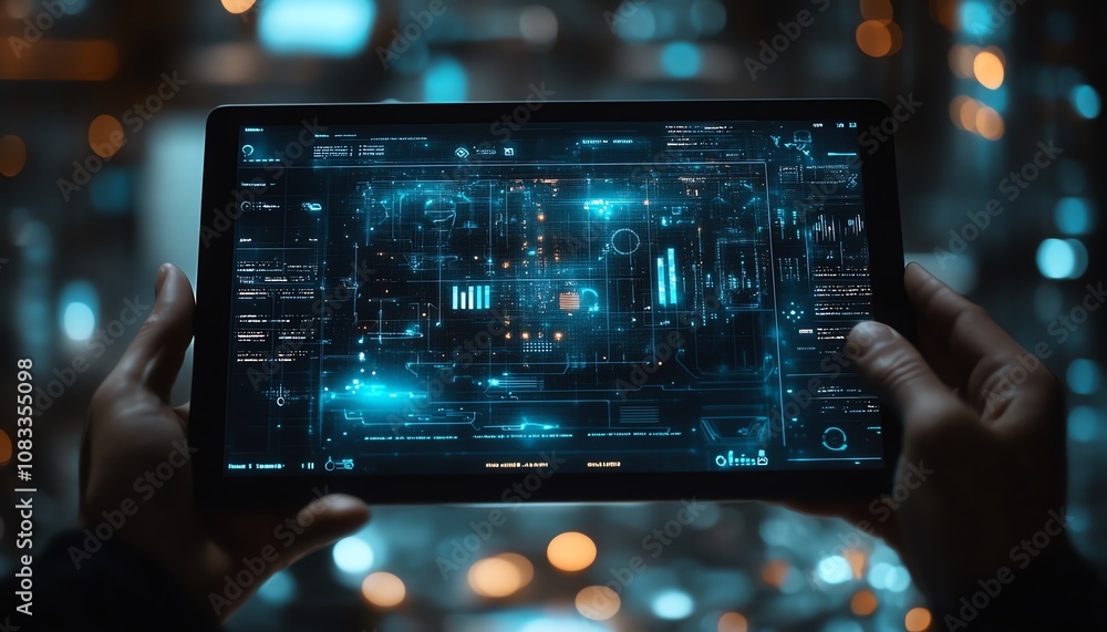 Poster a person holding a digital tablet with a futuristic home automation system on screen, showing smart 
