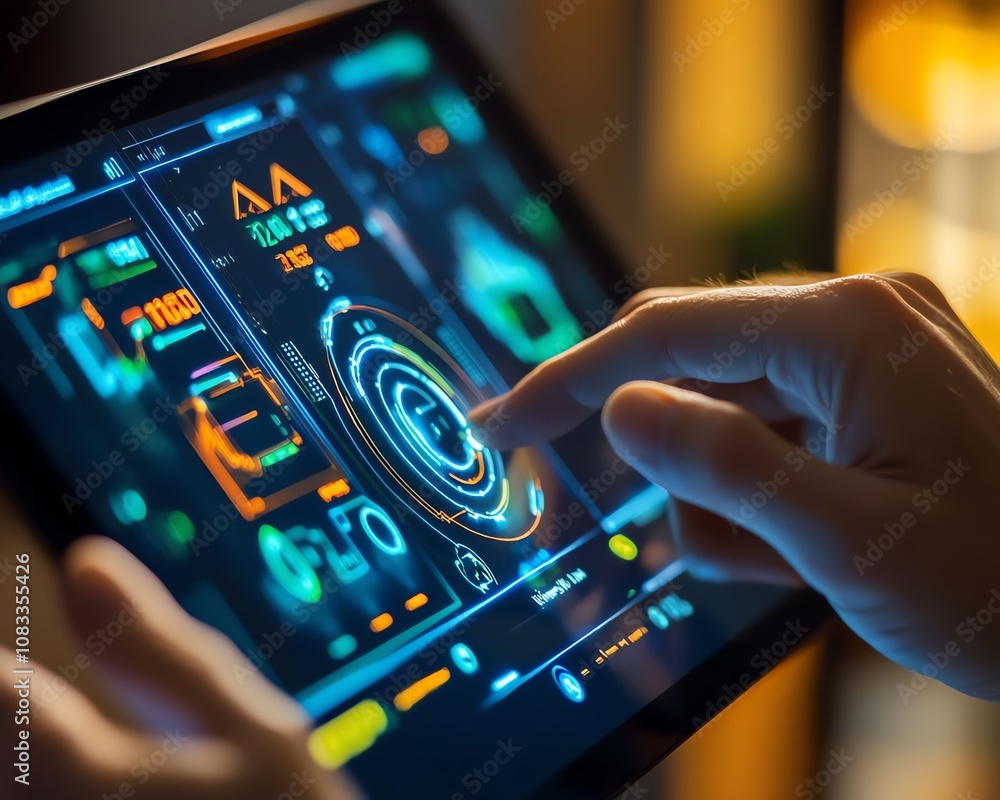 Fototapete closeup of hands interacting with a digital tablet, showing an artificial interface for remote home 