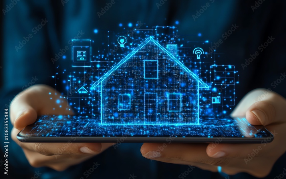 Poster Closeup view of a tablet in hand, featuring an online home automation system with artificial energy controls for remote home management