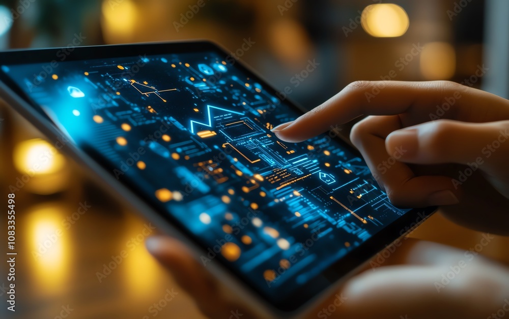 Poster closeup view of a tablet in hand, featuring an online home automation system with artificial energy 