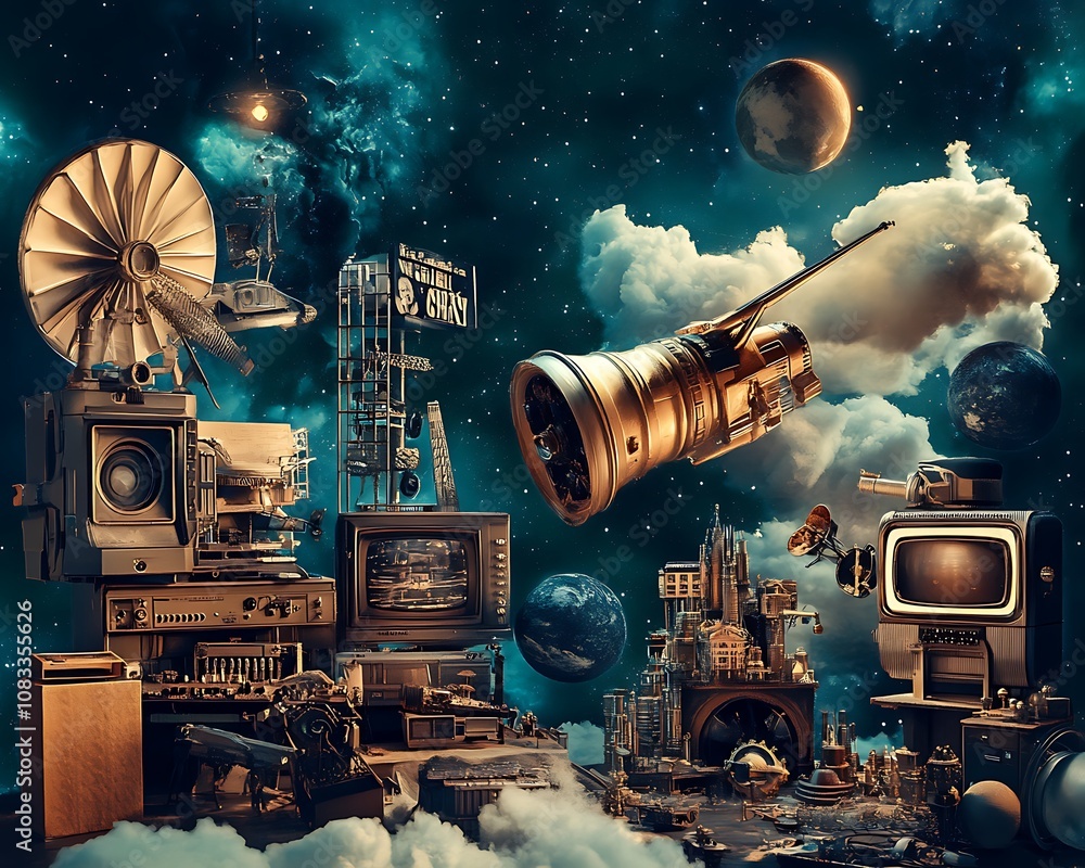 Poster stylized movie visual display surreal movie visual display with vintage technology