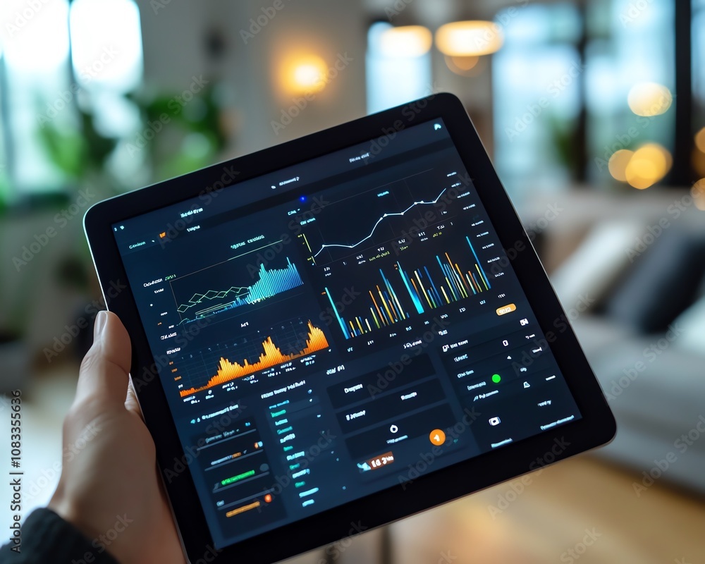 Aufkleber Digital tablet in hand, showing an advanced energy management dashboard for remote home control, with clean and modern interface design