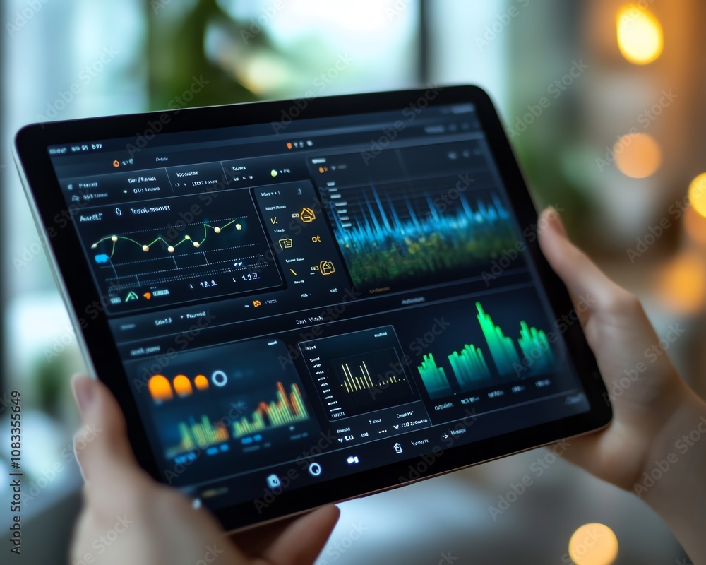 Aufkleber Digital tablet in hand, showing an advanced energy management dashboard for remote home control, with clean and modern interface design