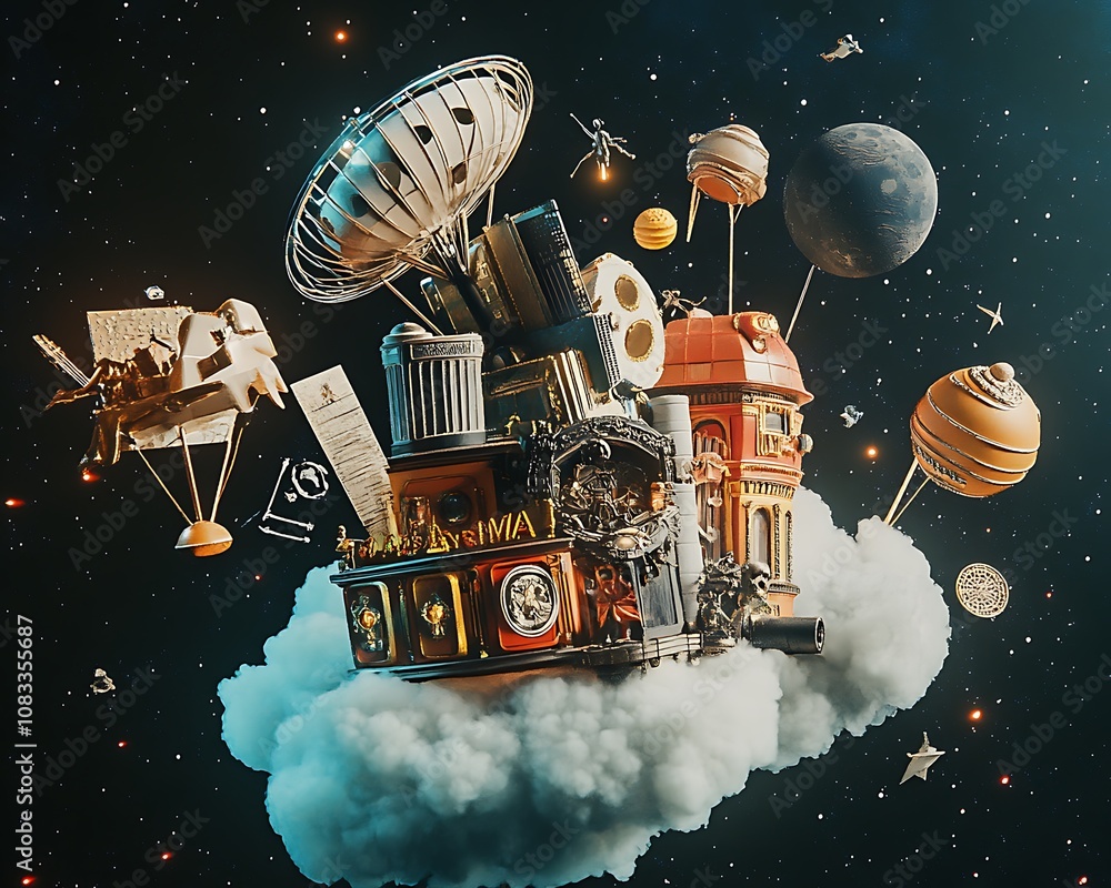 Poster Stylized Movie Visual Display Surreal Movie Visual Display with Floating Elements