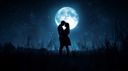 Fototapeta premium Romantic Embrace Under the Enchanting Full Moon - Surreal Nightscape with Diverse Backgrounds, Soft Shadows, and Clear Focus