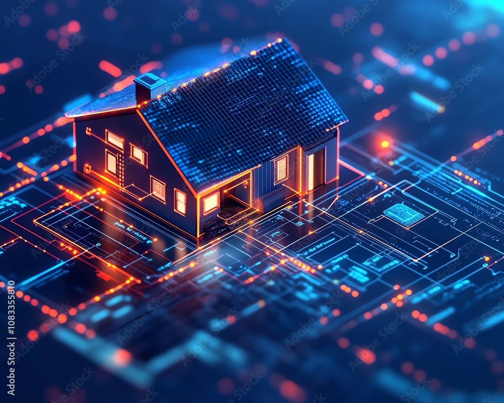 Poster futuristic smart home integrated with iot, connected devices controlling energy, security, and envir