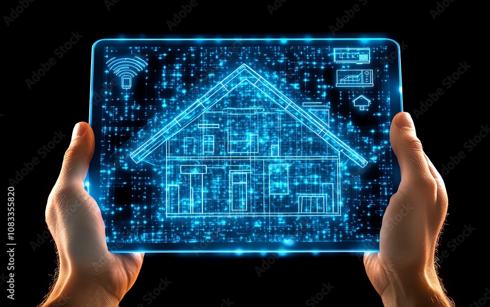 Poster hands holding a digital tablet displaying a smart energy control system, with icons for home automat