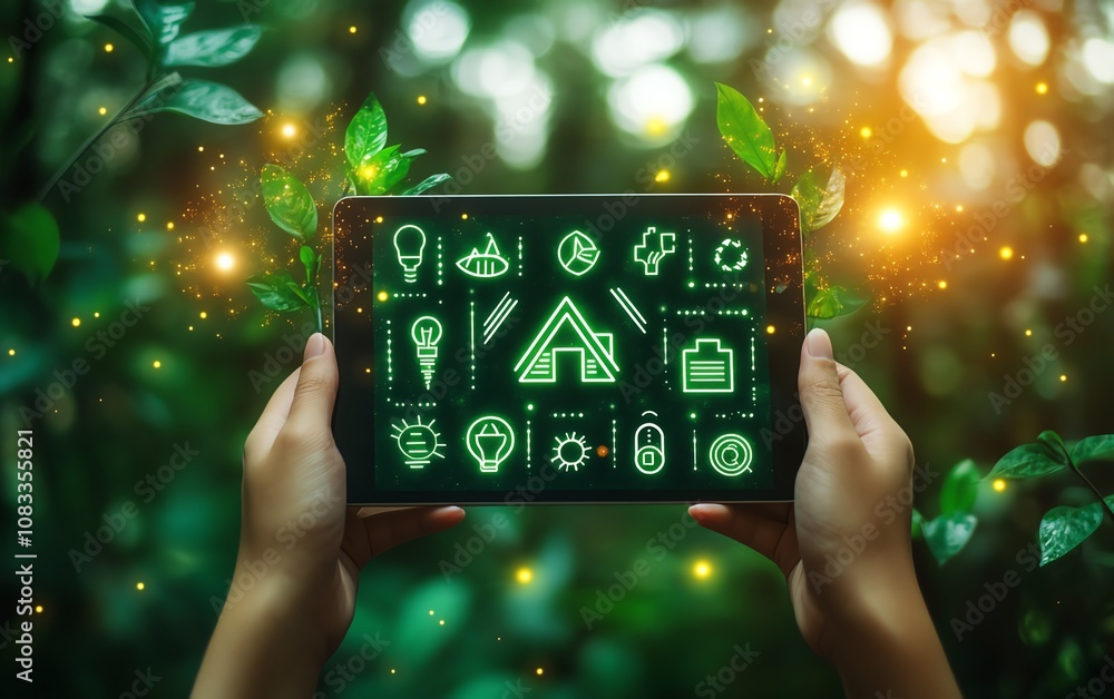 Poster hands holding a digital tablet displaying a smart energy control system, with icons for home automat