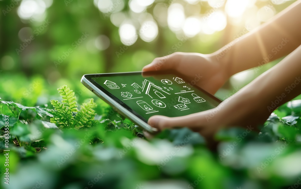 Aufkleber Hands holding a digital tablet displaying a smart energy control system, with icons for home automation features and energy efficiency settings