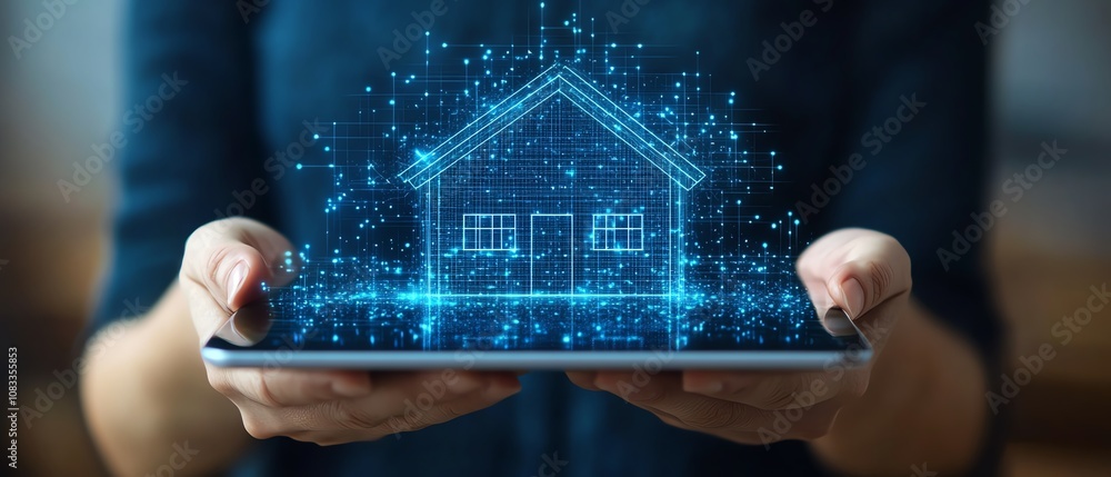 Poster Hands holding a tablet with a virtual smart home controller on screen, allowing remote management of energy use and home automation systems