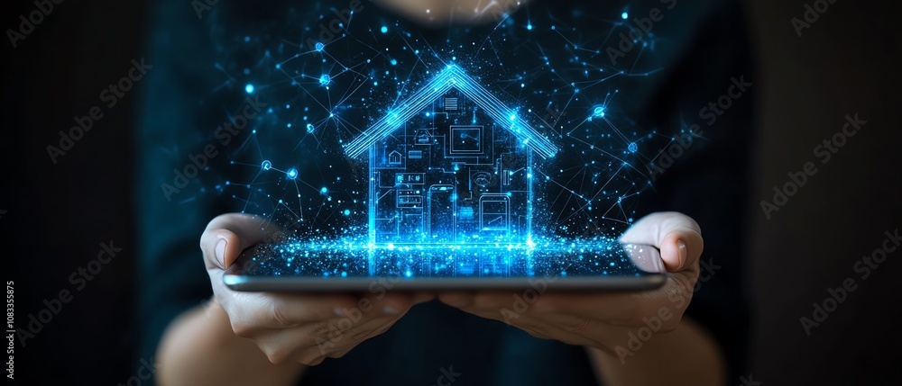 Poster Hands holding a tablet with a virtual smart home controller on screen, allowing remote management of energy use and home automation systems