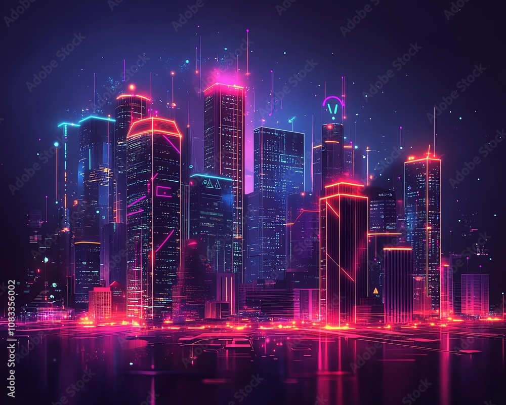 Poster iotdriven future city, connected smart devices in homes, offices, and factories, glowing data stream