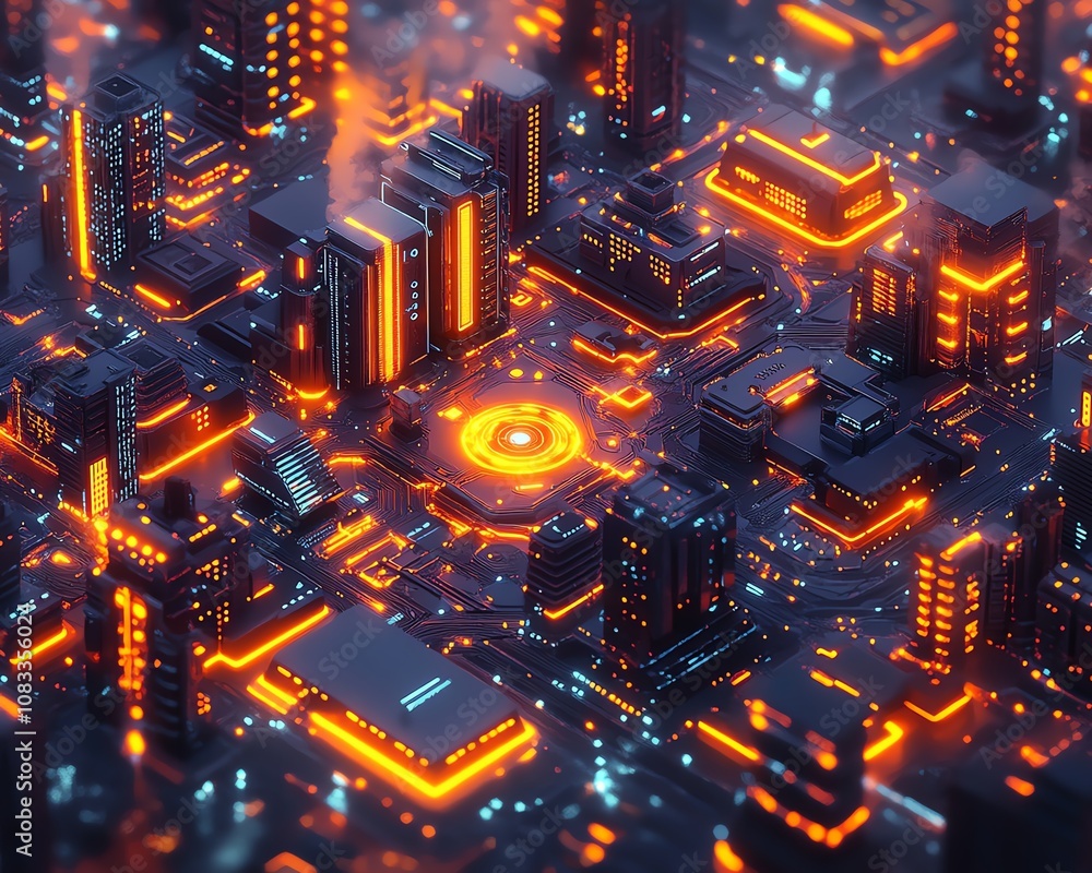 Poster IoTdriven future city, connected smart devices in homes, offices, and factories, glowing data streams and devices controlling the environment, hightech, innovative networks