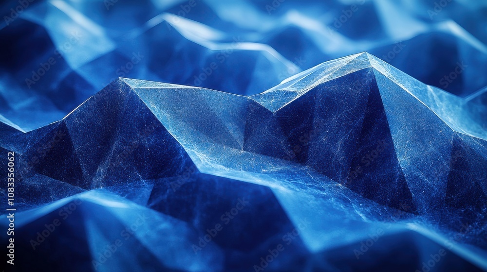 Poster a close look at vibrant blue mountain-like shapes created by light reflections, showcasing intricate