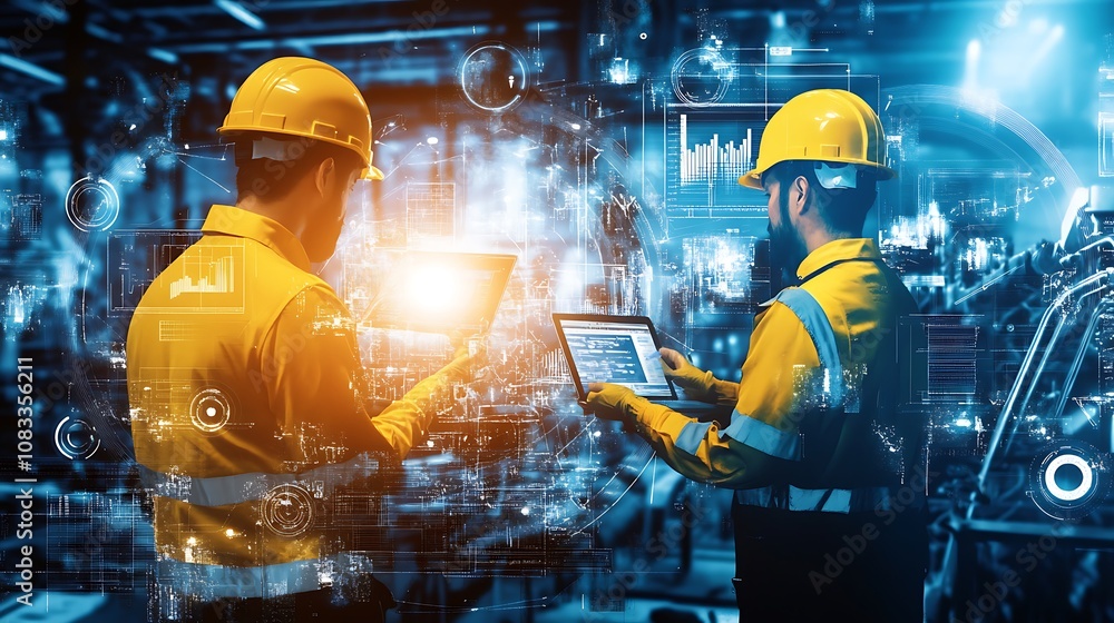 Poster two workers in helmets using digital devices in a high-tech industrial setting.