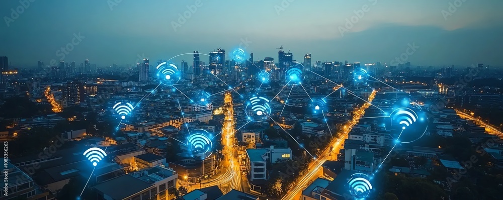 Poster the internet of things iot technology with smart devices connected in a futuristic network