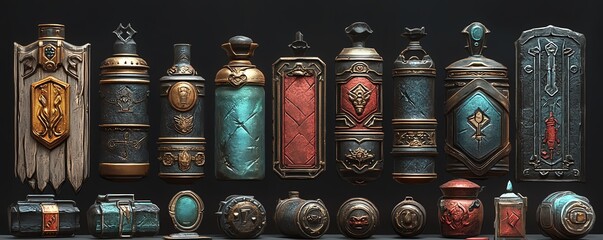3D rendered collection of ingame items, featuring health restoration potions, energy shields, and armor pieces for character protection
