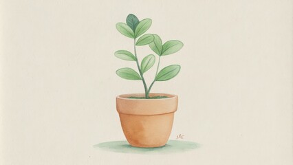 Obraz premium Watercolor illustration of a potted plant with green leaves