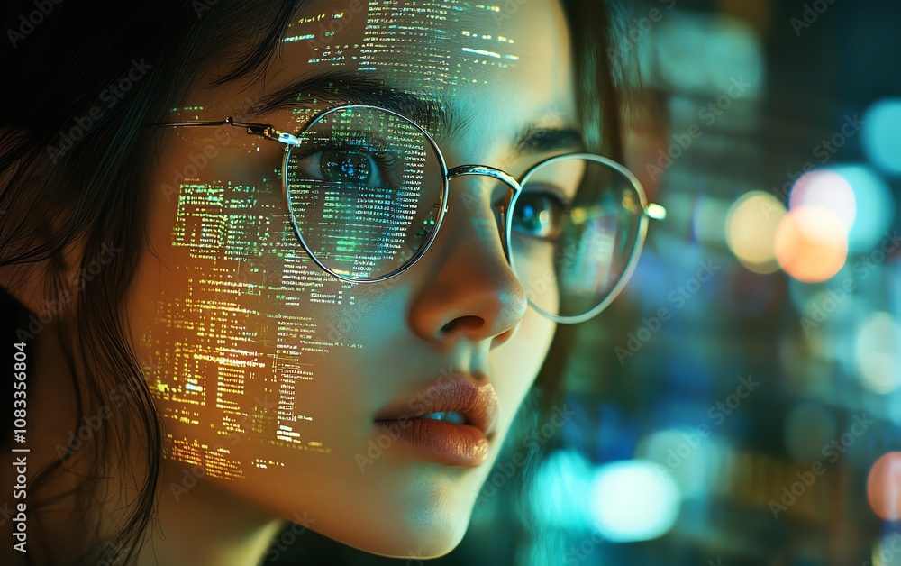 Aufkleber A woman with glasses in an information technology setting, analyzing complex data through a holographic coding system, focused on programming