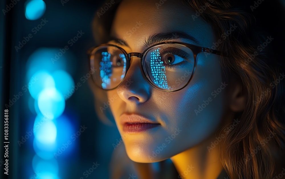 Aufkleber A woman with glasses in an information technology setting, analyzing complex data through a holographic coding system, focused on programming