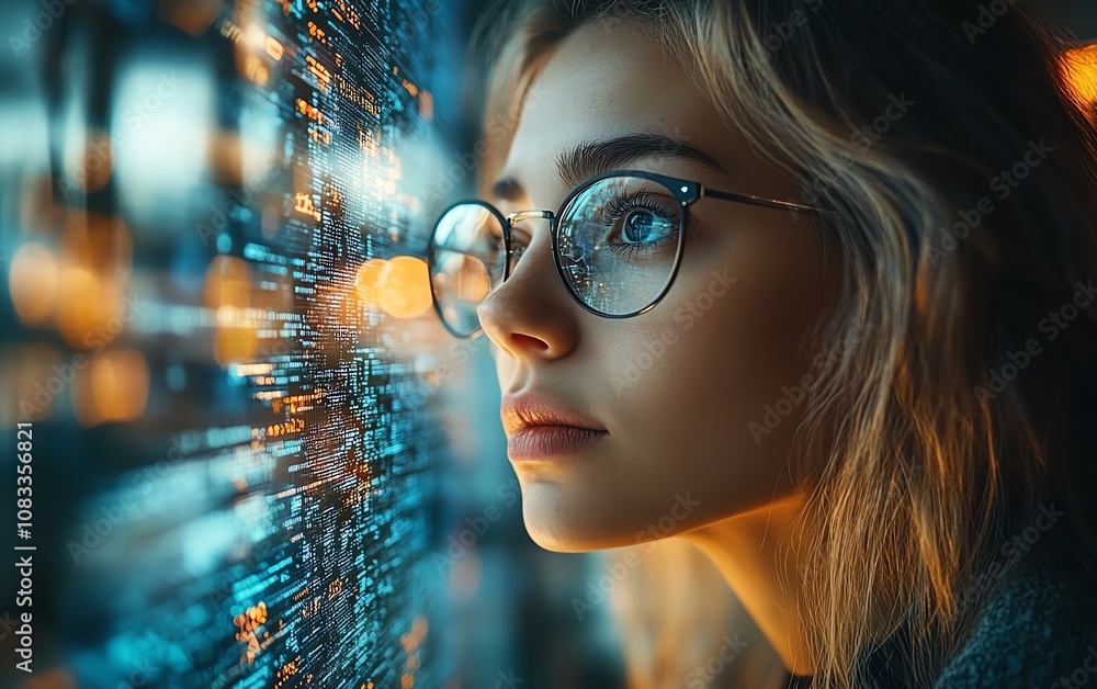 Aufkleber A woman with glasses in an information technology setting, analyzing complex data through a holographic coding system, focused on programming