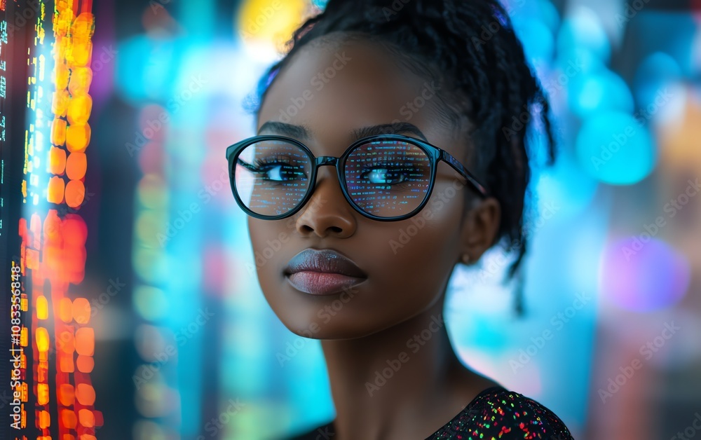 Aufkleber A woman with glasses in an information technology setting, analyzing complex data through a holographic coding system, focused on programming