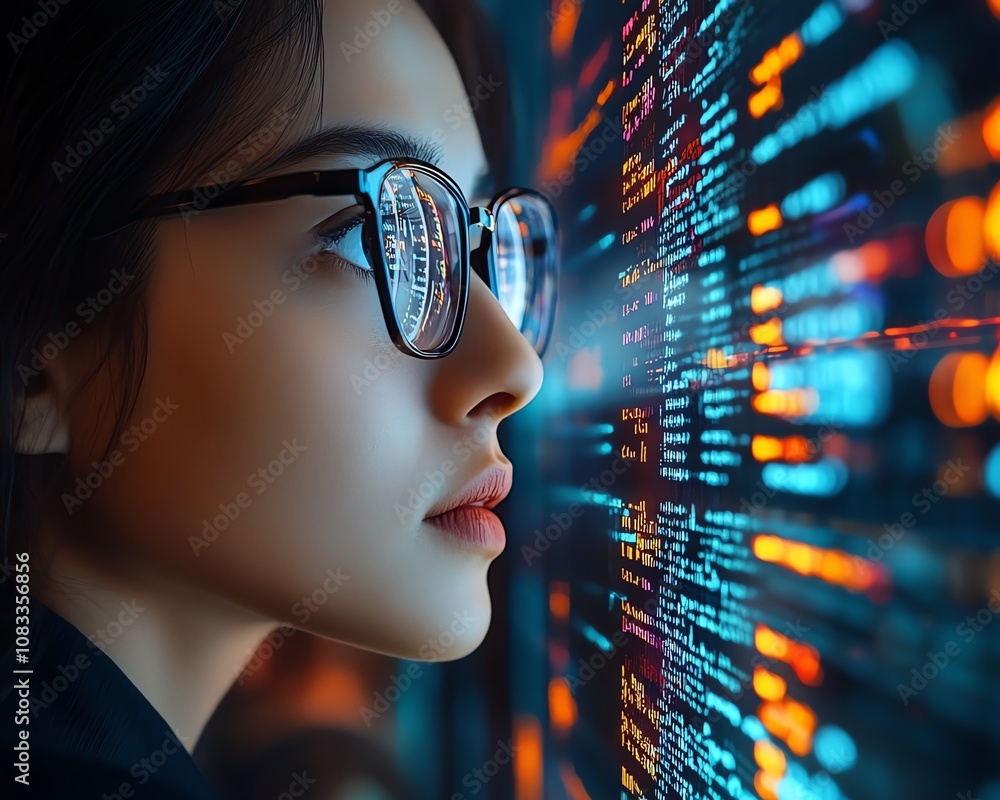 Leinwandbilder A woman with glasses working in information technology, analyzing a holographic coding system and reading computer scripts in a futuristic data analytics environment