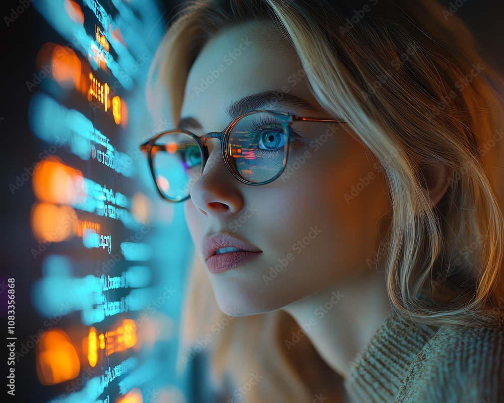 Aufkleber A woman with glasses working in information technology, analyzing a holographic coding system and reading computer scripts in a futuristic data analytics environment