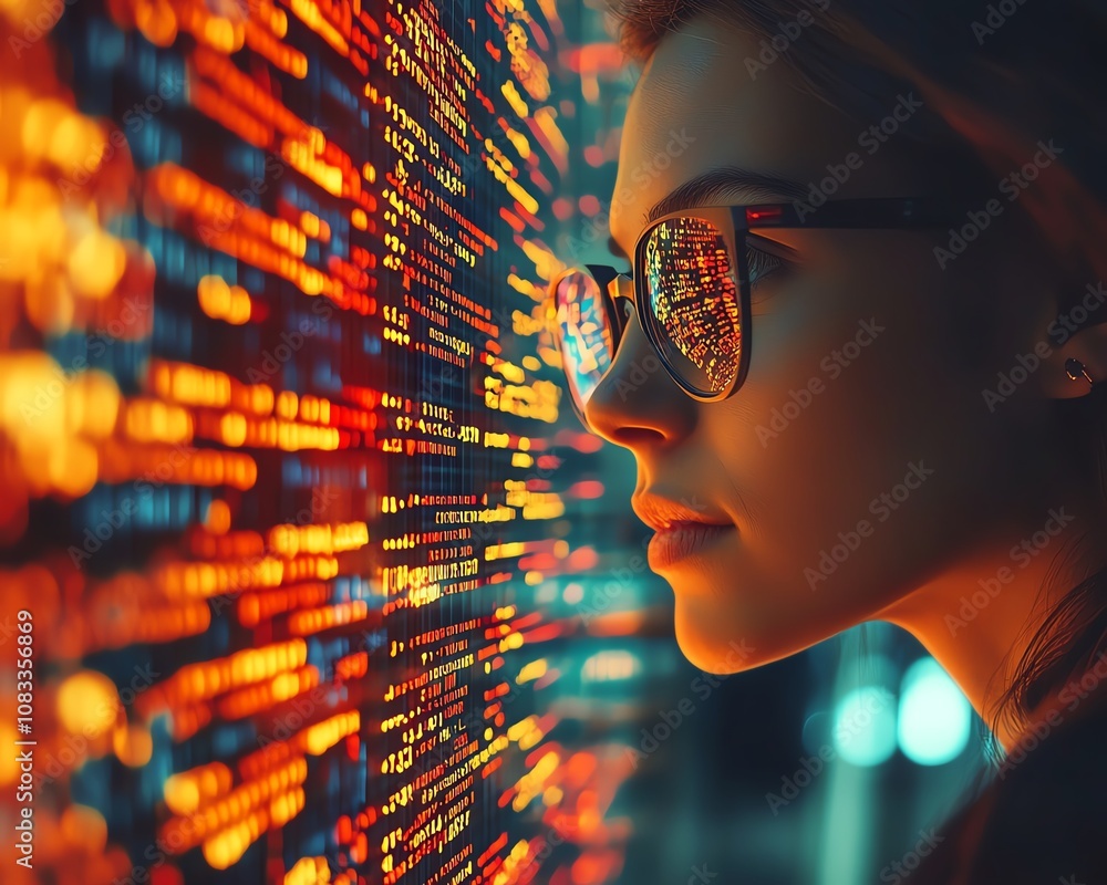 Aufkleber A woman with glasses working in information technology, analyzing a holographic coding system and reading computer scripts in a futuristic data analytics environment