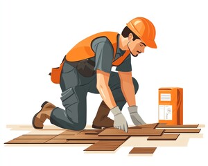 Employee installing laminate flooring in a modern setting, vector illustration in flat style, showcasing renovation and repair services with a white backdrop