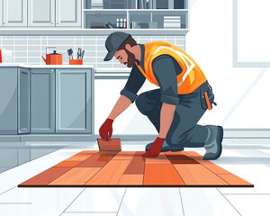 Employee installing laminate flooring in a modern setting, vector illustration in flat style, showcasing renovation and repair services with a white backdrop