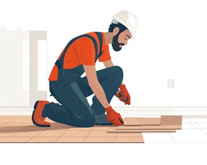Employee installing laminate flooring in a modern setting, vector illustration in flat style, showcasing renovation and repair services with a white backdrop